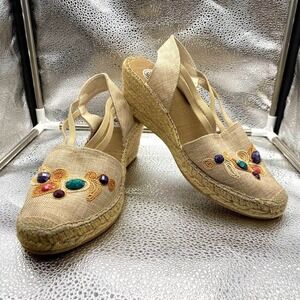 Vidorreta Espadrille Wedge Sandal Shoes Women 11 Beige Linen Gemstone Boho Spain